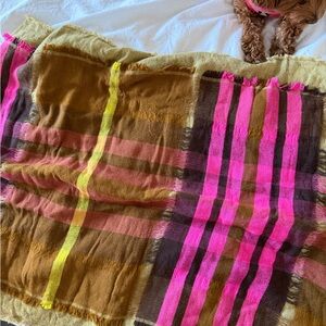 Plush Plaid Scarf with Neon Pink Stripes
